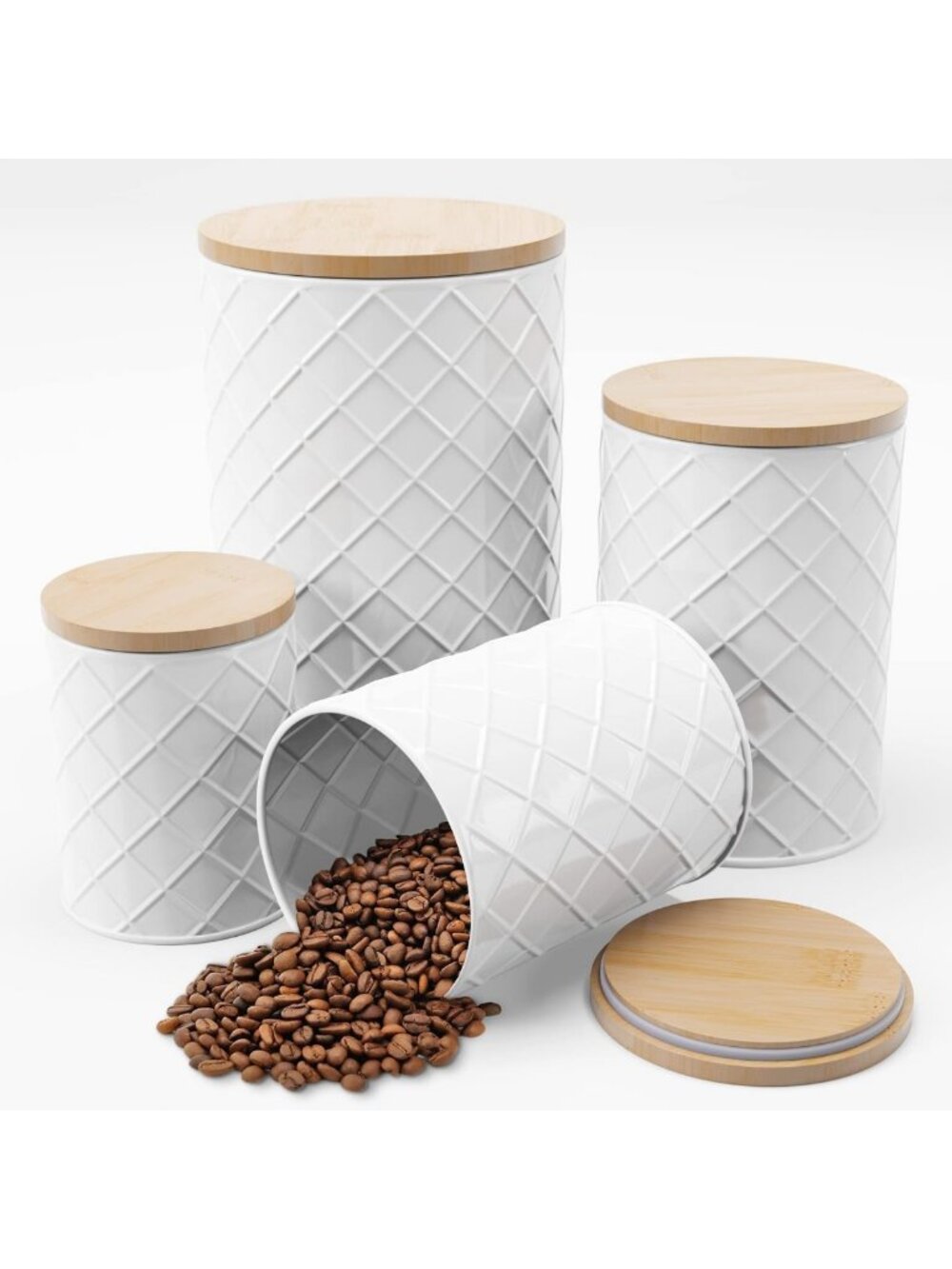 Airtight White Metal Canister Set of 4 for Kitchen Counter, Sugar & Flour